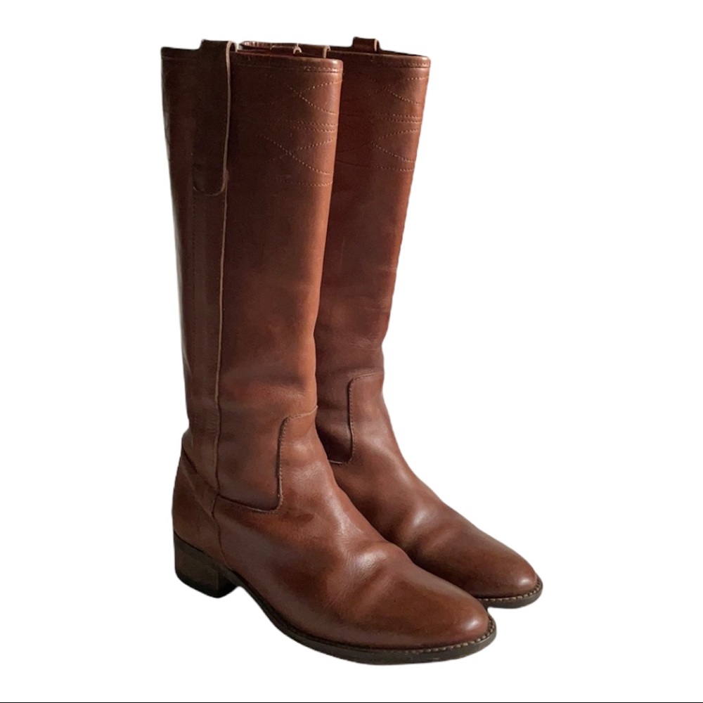 j crew brown leather pull on tall riding boots